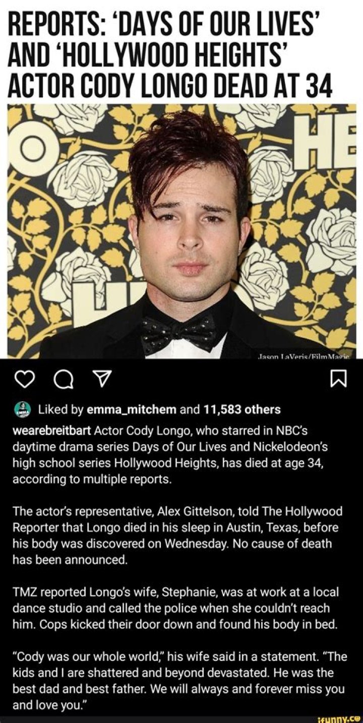'Hollywood Heights' and 'Days of Our Lives' Actor Cody Longo Passes Away at Age 34